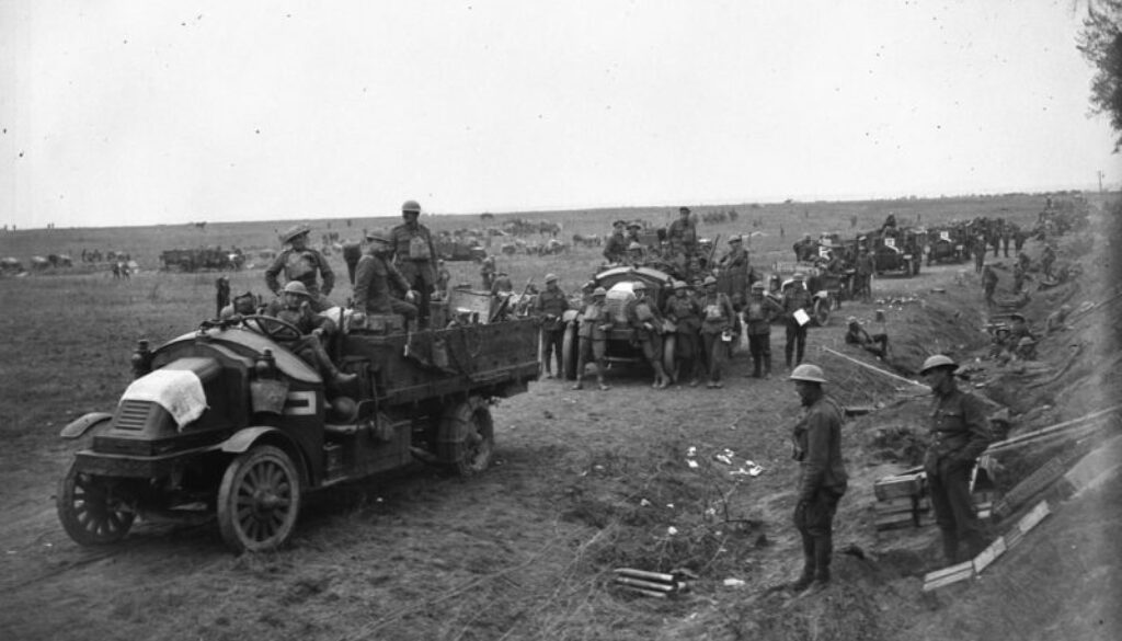 148_Canadian Motor Machine Gun Brigade waiting alongside Arras-Cambrai Road. Advance East of Arras. September, 1918